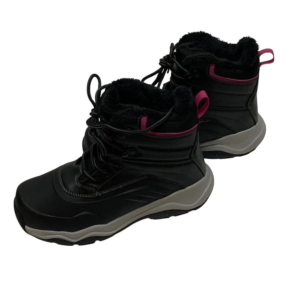 Khombu Womens Black Faux Fur Lined Winter Snow Boot Pink Accents Lace Up 8 NWT